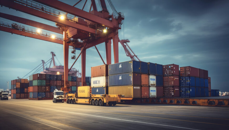 Logistics and transportation of Container Cargo ship and Cargo plane with working crane bridge in shipyard at sunrise, logistic import export and transport industry background.